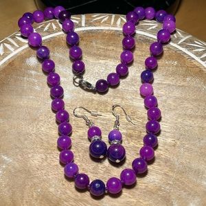 NWOT Synthetic Purple Jade Beaded Necklace & Sterling Silver Earrings